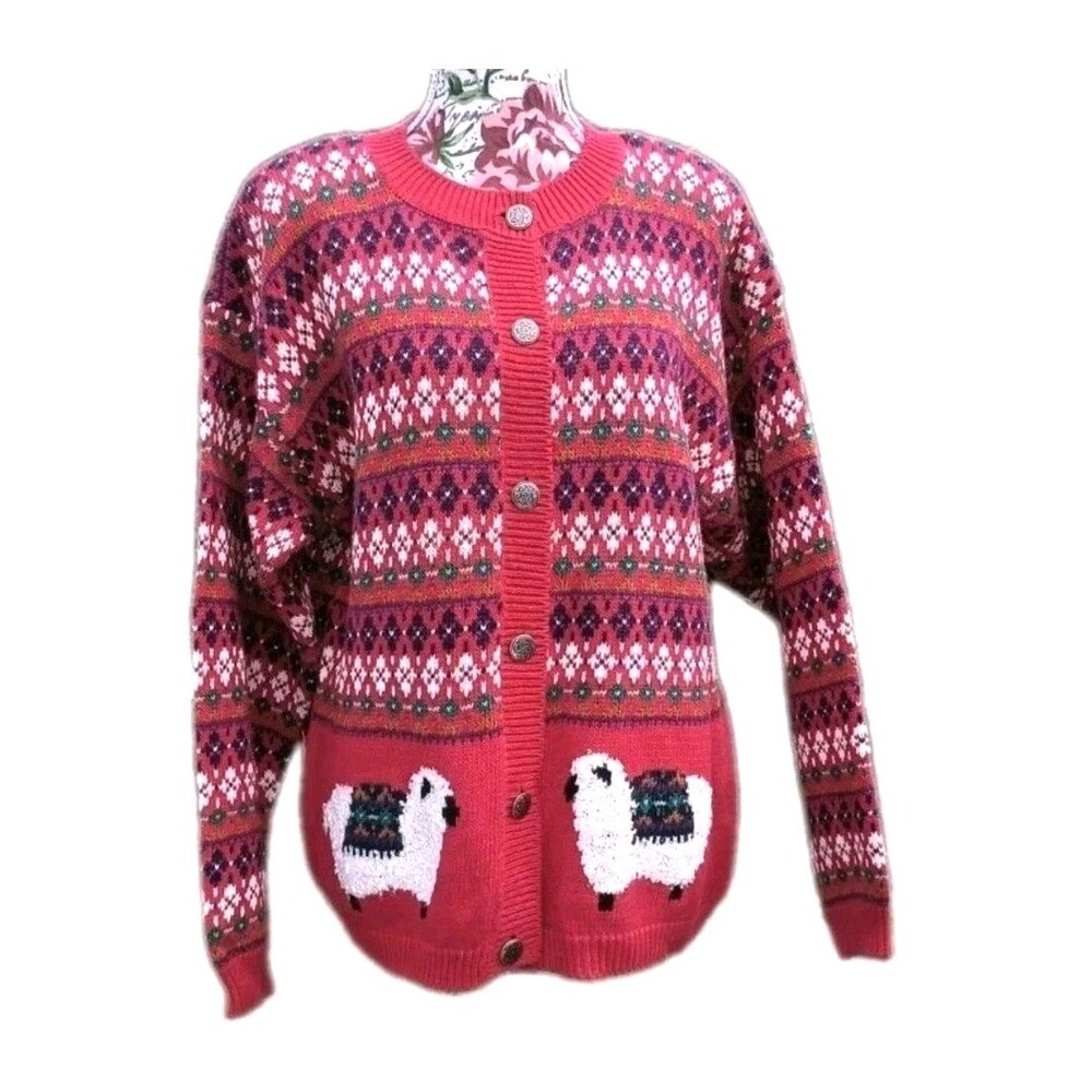Vintage Northern Isles Red Fair Isles Sheep Cardigan Sweater Women L Knit Animal